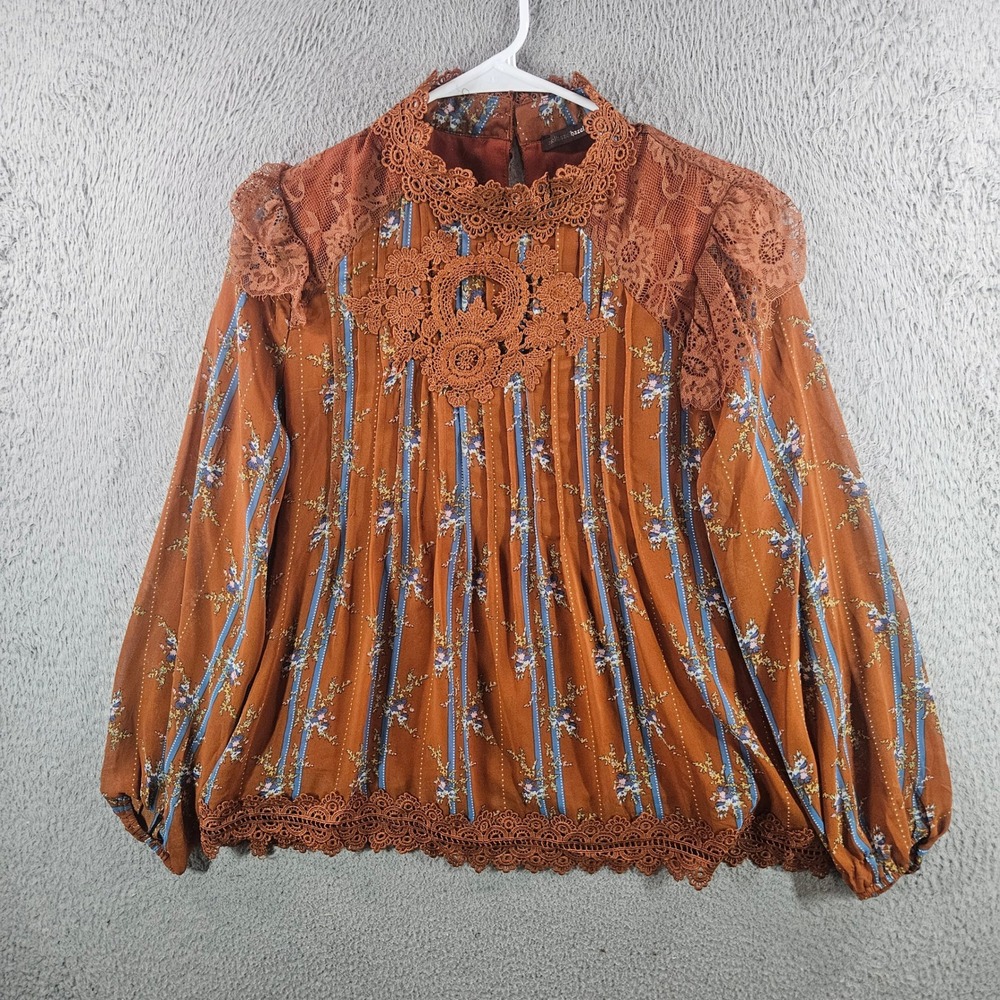 Hazel Haze Rust Orange Floral Stripe Lace Victorian Boho Blouse Size Small